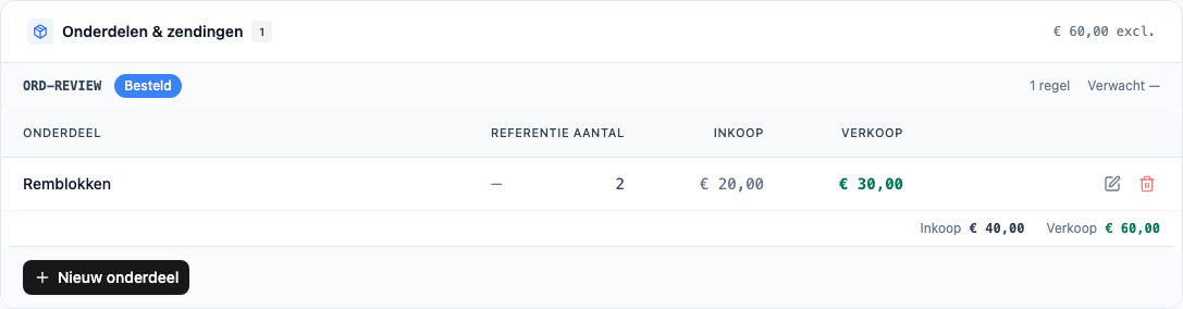 Onderdelenbestelling met remblokken op een AutoNexa werkorder; fictieve voorbeeldgegevens
